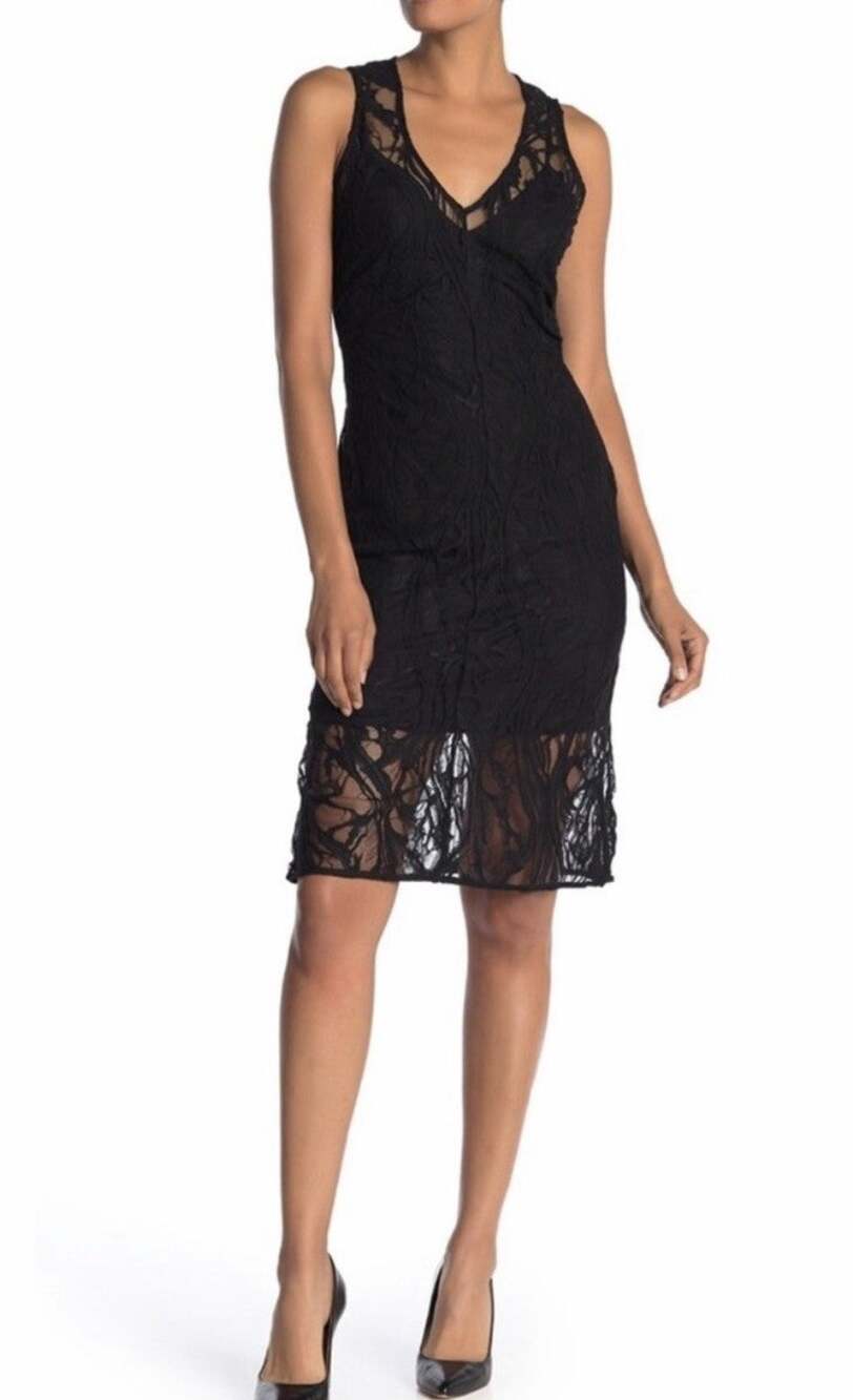 Brochu Walker Savoie Dress Women M Black Onyx Lace Sleeveless Sheath Midi